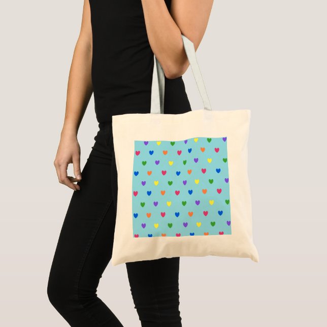 Rainbow polka hearts on baby blue tote bag (Front (Product))