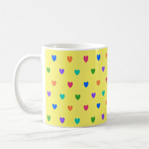Rainbow polka hearts on yellow coffee mug