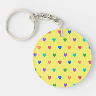 Rainbow polka hearts on yellow keychain