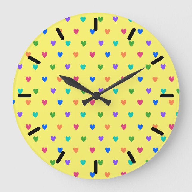 Rainbow polka hearts on yellow large clock (Front)