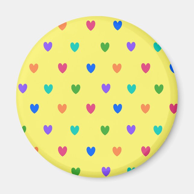 Rainbow polka hearts on yellow magnet (Front)