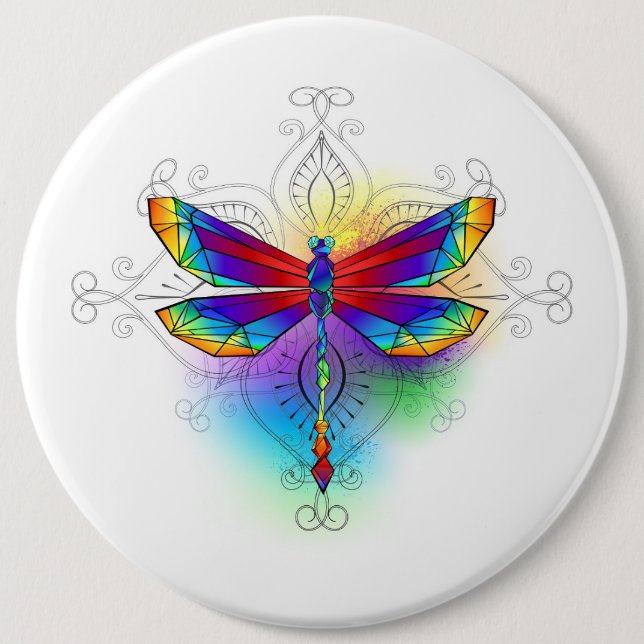 Rainbow Polygonal Dragonfly 6 Inch Round Button (Front)