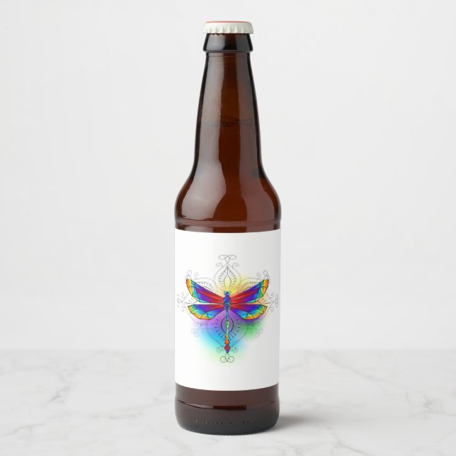 Rainbow Polygonal Dragonfly Beer Bottle Label (Front)
