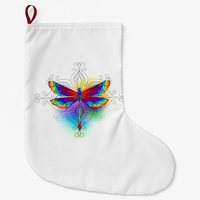Rainbow Polygonal Dragonfly Large Christmas Stocking (Front)