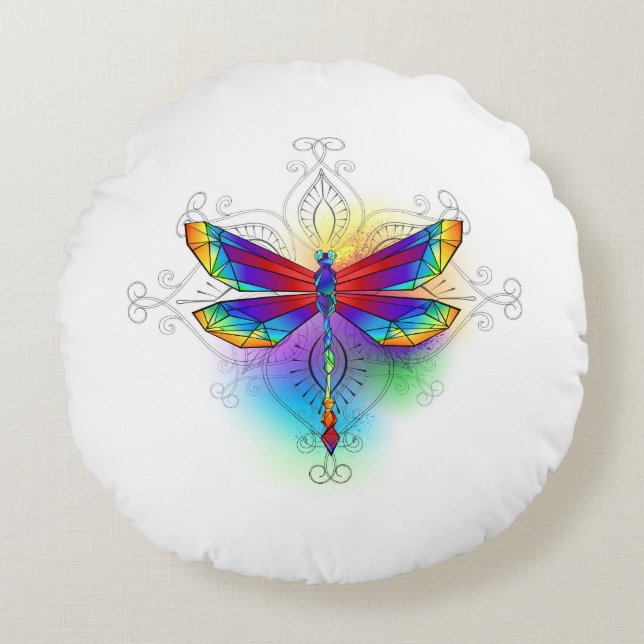 Rainbow Polygonal Dragonfly Round Pillow (Front)