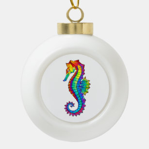 Rainbow Polygonal Seahorse Ceramic Ball Christmas Ornament