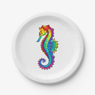 Rainbow Polygonal Seahorse Paper Plate