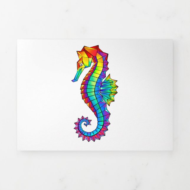 Rainbow Polygonal Seahorse Tri-Fold Holiday Card (Cover)