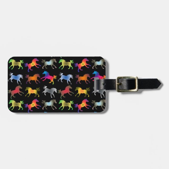 Rainbow Ponies on Black Luggage Tag (Front Horizontal)