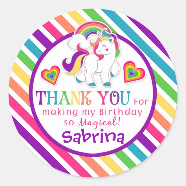 Rainbow Pony Unicorn Birthday Thank You Stickers (Front)
