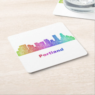 Rainbow Portland skyline Square Paper Coaster