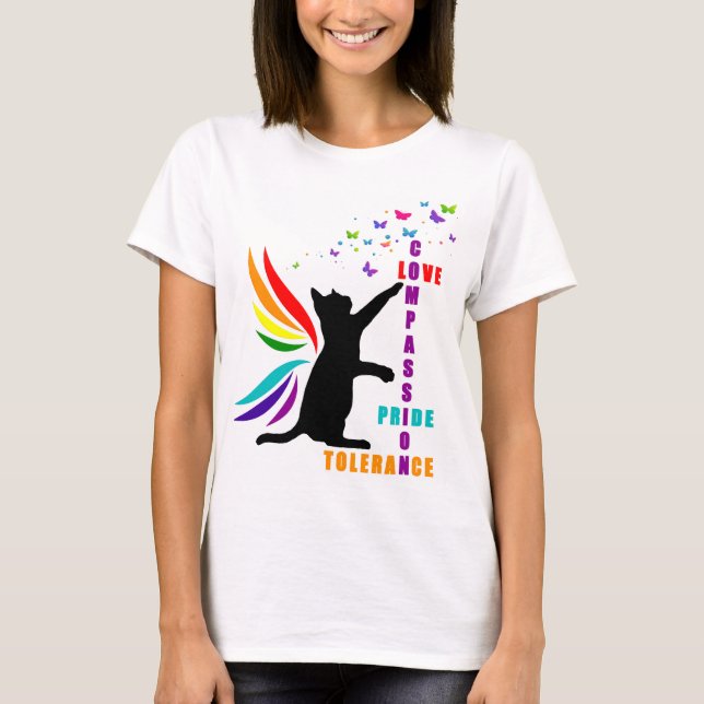 Rainbow Pride Cat and Butterfly Design T-Shirt (Front)