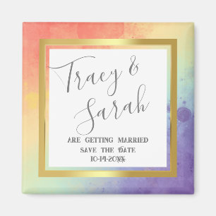 Rainbow Pride Gold Frame Wedding Save the Date Magnet