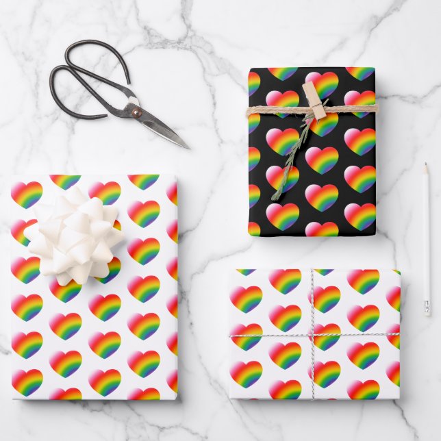 Rainbow Pride Gradient Hearts Pattern Wrapping Paper Sheet (Front)