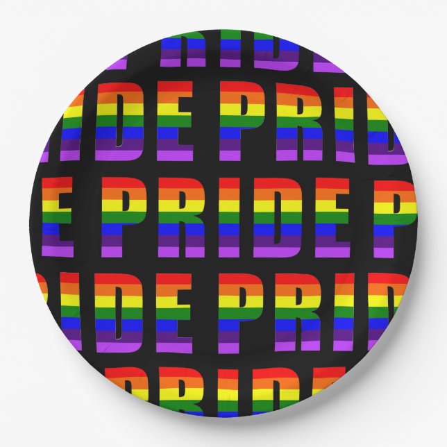 Rainbow Pride Text Art on Custom Black Colour Paper Plate (Front)