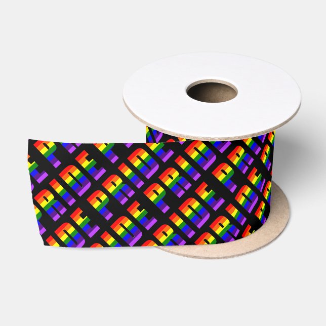 Rainbow Pride Text Art on Custom Black Colour Satin Ribbon (Spool)