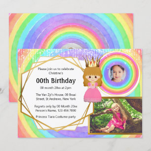 Rainbow princess tiara 3 photo girls birthday invitation