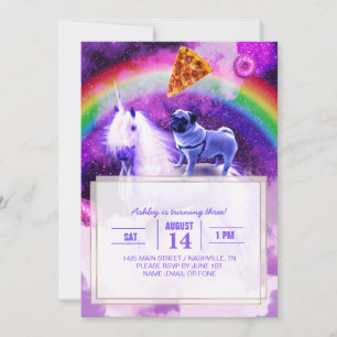 Rainbow pug in space riding a unicorn              invitation