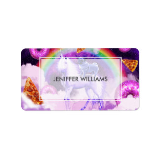 Rainbow pug in space riding a unicorn              label