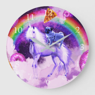 Rainbow pug in space riding a unicorn              large clock