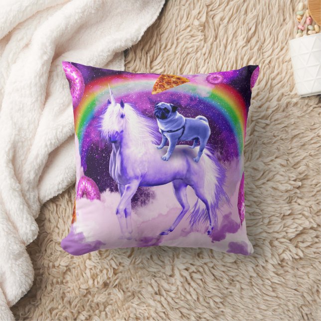 Rainbow pug in space riding a unicorn              throw pillow (Blanket)