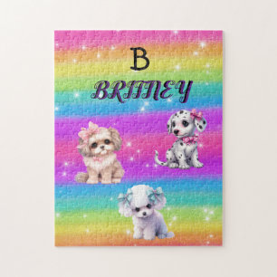 Rainbow puppies for girls with personalized name jigsaw puzzle