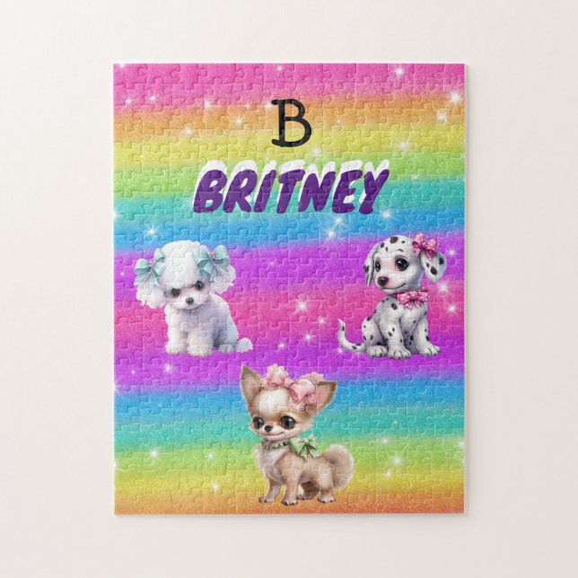 Rainbow puppies for girls with personalized name jigsaw puzzle (Vertical)
