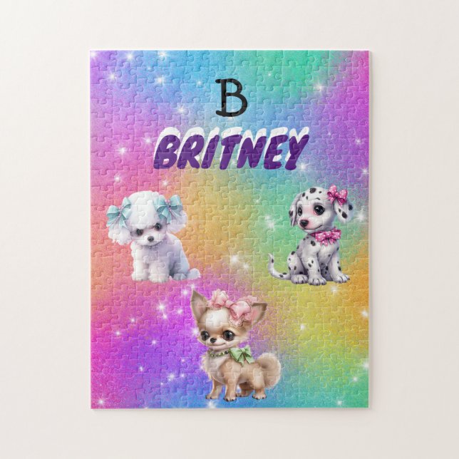 Rainbow puppies for girls with personalized name jigsaw puzzle (Vertical)