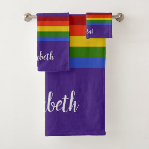 Rainbow Purple Horizontal Stripes   Personalize Bath Towel Set