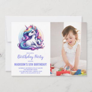 Rainbow Purple Unicorn Birthday Invitations photo