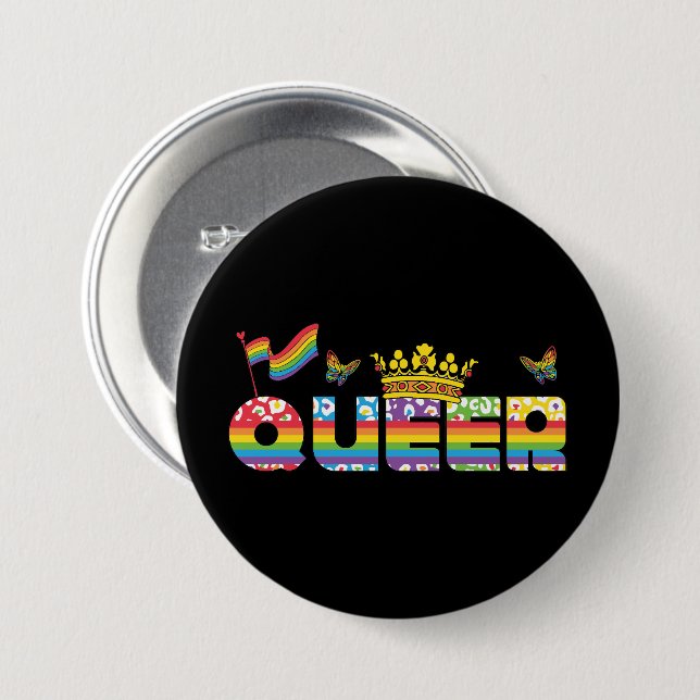 Rainbow Queer Crown with Flag and Butterflies 3 Inch Round Button (Front & Back)