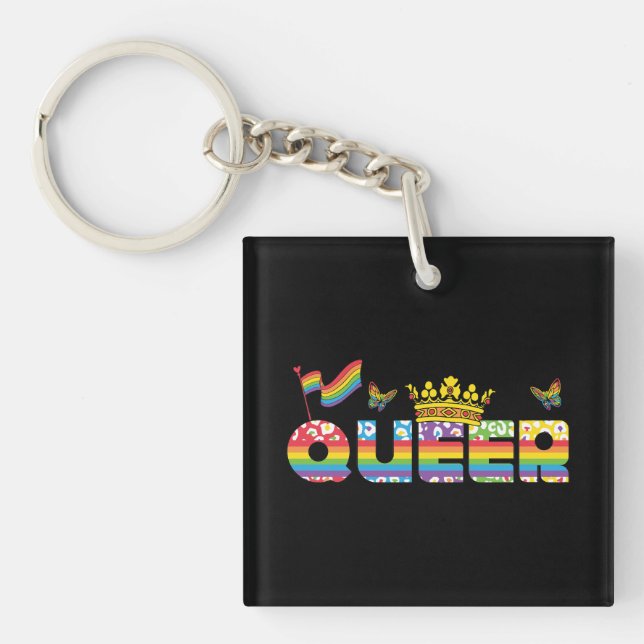 Rainbow Queer Crown with Flag and Butterflies Keychain (Front)