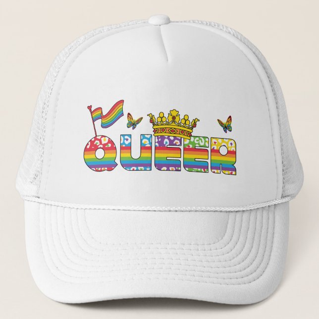 Rainbow Queer Crown with Flag and Butterflies Trucker Hat (Front)