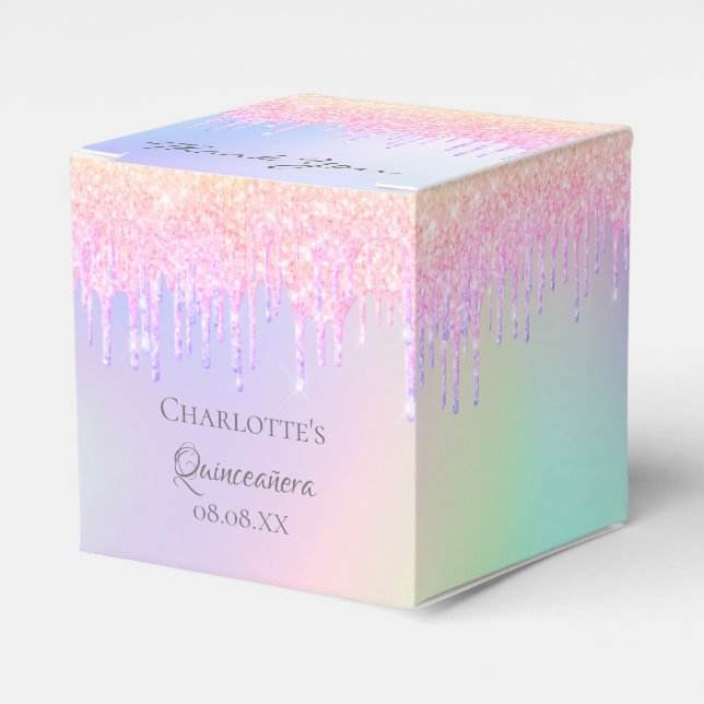 Rainbow Quinceanera glitter rose gold thank you Favor Box (Front Side)