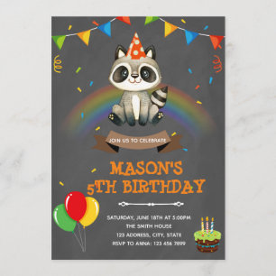 Rainbow raccoon birthday theme invitation