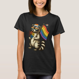 Rainbow Raccoon Flower Parade Cute Animal T-Shirt