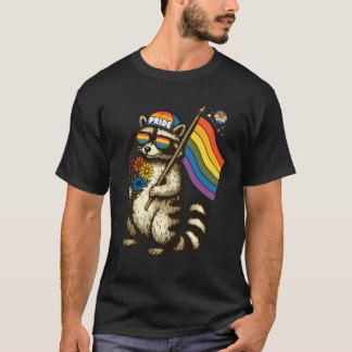 Rainbow Raccoon Flower Parade Cute Animal T-Shirt