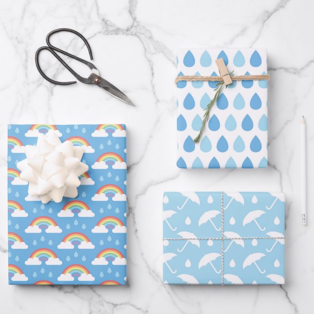 Rainbow Rain Clouds, Rain Drops, and Umbrellas Wrapping Paper Sheet (Front)