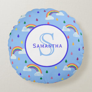 Rainbow Rain Storm Personalized Monogram Round Pillow