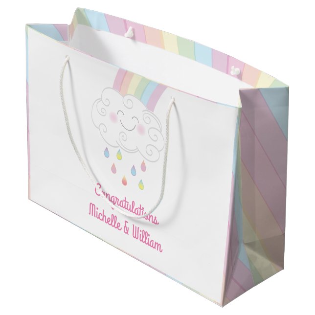 Rainbow Raindrop Baby Shower Sprinkle Large Gift Bag (Back Angled)