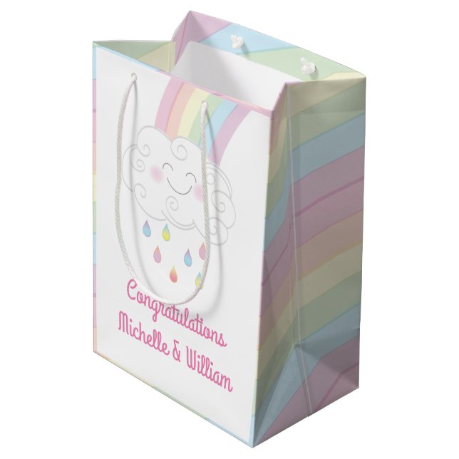 Rainbow Raindrop Baby Shower Sprinkle Medium Gift Bag (Back Angled)