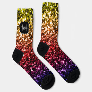 Rainbow red purple faux glitter sparkles Monogram Socks