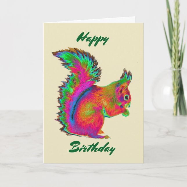 Rainbow Red Squirrel. Happy Birthday. Card (Front)