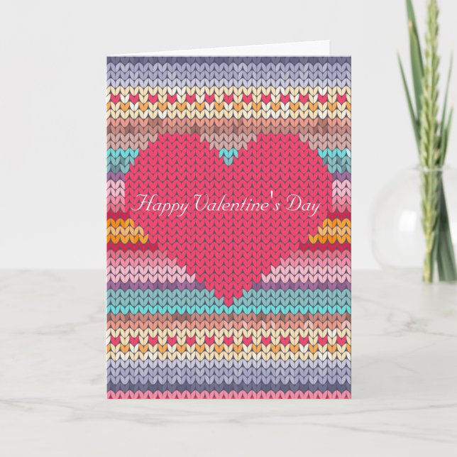 Rainbow retro hearts faux woollen knit valentine holiday card (Front)