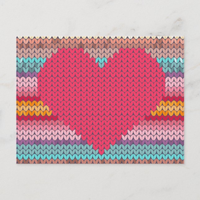 Rainbow retro hearts faux woollen knit valentine holiday postcard (Front)