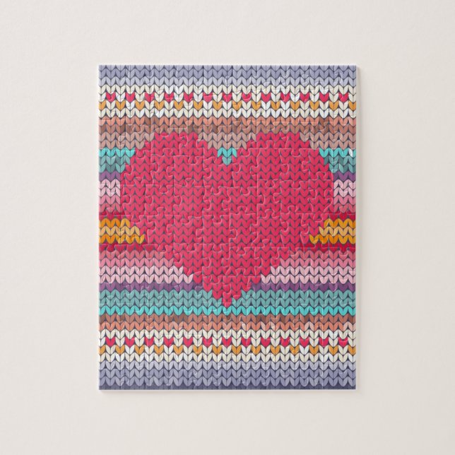 Rainbow retro hearts faux woollen knit valentine jigsaw puzzle (Vertical)