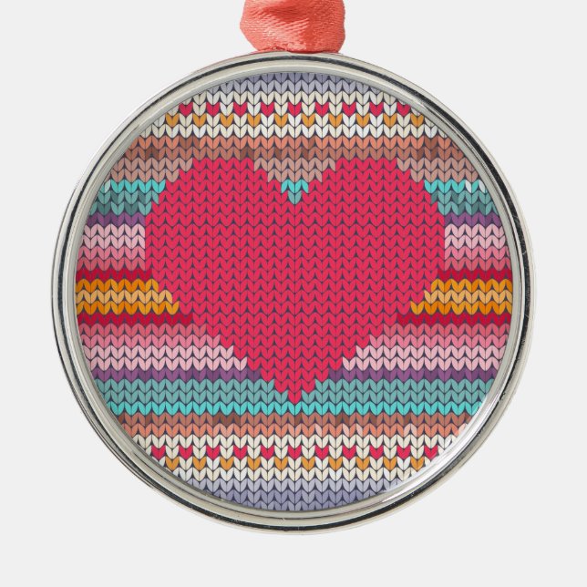 Rainbow retro hearts faux woollen knit valentine metal ornament (Front)