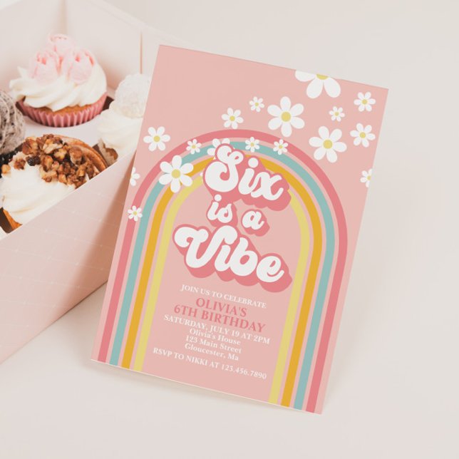 Rainbow Retro SIX is a Vibe Groovy 6th Birthday Invitation (Creator Uploaded)