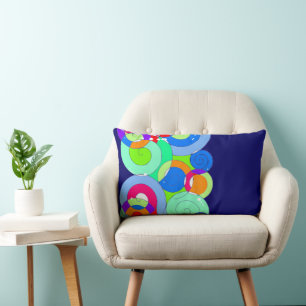 Rainbow Retro Spiral Art Abstraction Navy Lumbar Pillow