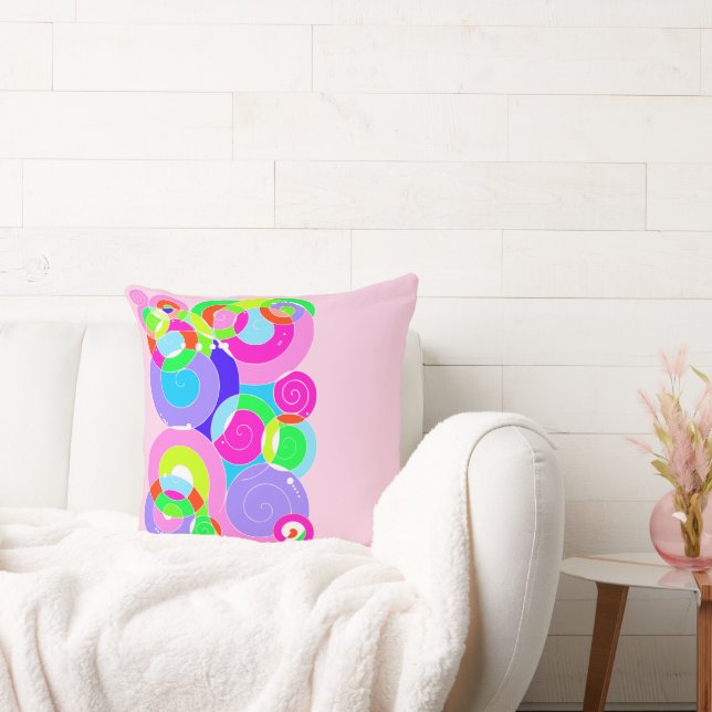 Rainbow Retro Spiral Art Abstraction Pink Throw Pillow (Couch)